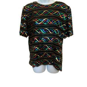 Vintage 80's Laurence Kazar Black Silk Beaded Top Multicolored Sequins Top    S